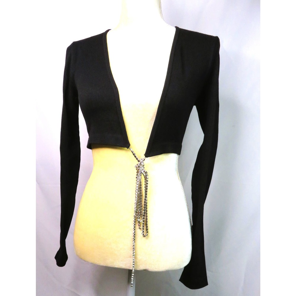 NWT Black ZARA Crystal Tie Cropped Ribbed Cardigan Women's Sz Medium/Large